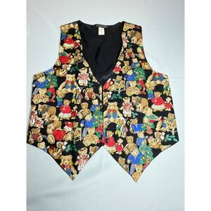 Vintage 90s Christmas Teddy Bear Vest Women's Size L Saddle River USA Holiday
